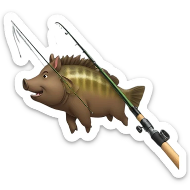 boar with a fish on a fishing rod sticker