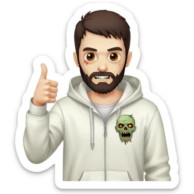 zombie with thumbs up gesture wearing white hoodie, with dark brown hair and short full beard sticker