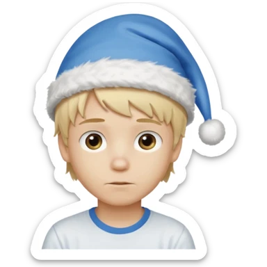 create boy blonde hair long messy, light eyes, white t shirt, rich, long hair, eyes blue, acessory head cristimas blue hat, fluffy hair medium long hair sticker