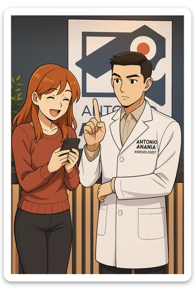 su questo stile fai un manga/webtoon a colori in cui una donna CONTROLLA ENTUSIASTA LO SMARTPHONE MENTRE PARLA CON L'UOMO, l'uomo della foto in stile manga LE DICE DI "NO" CON IL DITO, mantieni un ambiente simile alla foto che ho allegato con il suo logo (sarebbe il suo studio, lui è un kinesiologo), scrivigli "ANTONIO ANANIA" sul camice bianco, non mettere fumetti, ma fai in modo che sembri che la donna CONTROLLI LO SMARTPHONE E L'UOMO CON I GESTI LE FACCIA CAPIRE CHE STA SBAGLIANDO sticker