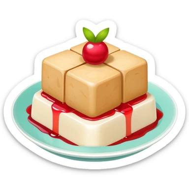 Almond tofu dessert with fruit topping, simplified emoji style with bold outlines and bright colors, cartoon style Xing Ren Doufu jelly sticker