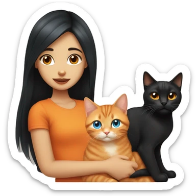blue eyed girl with long black hair holding one chubby orange tabby cat sticker