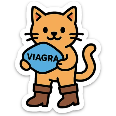 a cat in boots standing on its hind legs and holding a Viagra pill in its front paws sticker