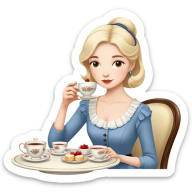Elegant British girl drinking afternoon tea with scones and teacup, proper posture sticker