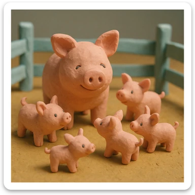 claymation style pig in a pig pen with several piglets, playful, pastel colors, visible fingerprints, textured look sticker
