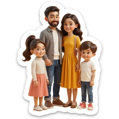 classic family photo with parents and two children standing together, realistic textures, soft lighting, skeuomorphism style sticker