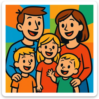 Create a vibrant cartoon style family of five: two parents with brown hair, one girl with blonde hair, one toddler boy with blonde hair, and one older boy with blonde hair. The look should be colorful and lively with a vibrant toon style. sticker