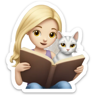 a pale skinned girl reading a book and a cat sticker