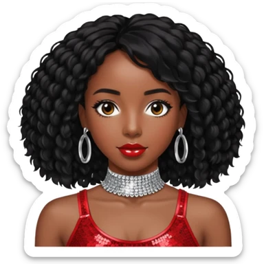 Kelly Rowland with black hair, red sequin crop top and neck bracelet sticker