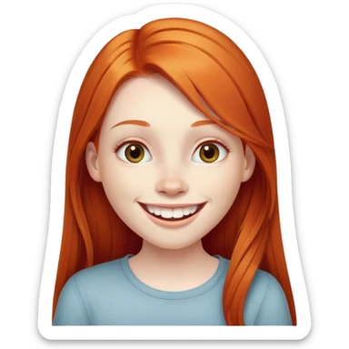 traditional emoji of young girl with very pale skin, long straight bright ginger red hair, regular human eyes (not cat-like), wide nose, big smile with extremely large prominent teeth showing, classic round face sticker