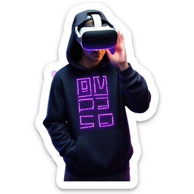 Russian man wearing a black hoodie with "OMG" letters on it and VR headset oculus quest 2 in a cyberpunk VR environment with violet neon lighting. Showing direction with hand sticker