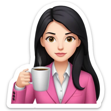 business dressing pink clothes woman  caucasian with a long black hair drinking coffee sticker