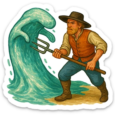 Чуть рисованный, но при этом яркий объемный стиль, голландский крестьянин 18 века с вилами в руках тычет вилами в водный элемент как на картинке, который как море пытается на накрыть, прозрачный фон sticker