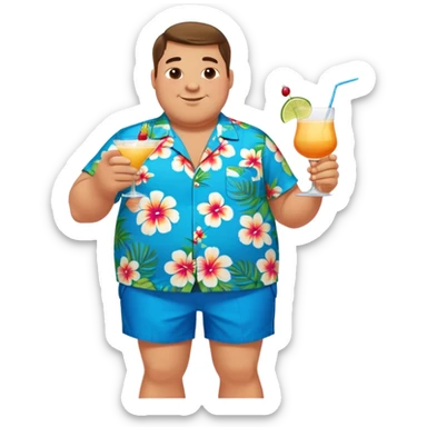 chubby guy full figure in a flowered azure havai shirt, brown shorts and flippers holding a cocktail sticker