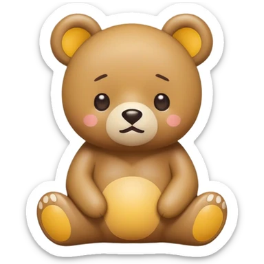A cute, minimalist emoji of a cartoon bear inspired by Rilakkuma. The bear is sitting or slightly leaning, with a calm, relaxed expression. It has round ears with yellow inner parts, a white belly patch, small dot eyes, and a tiny "x"-shaped mouth. Kawaii Japanese mascot style sticker