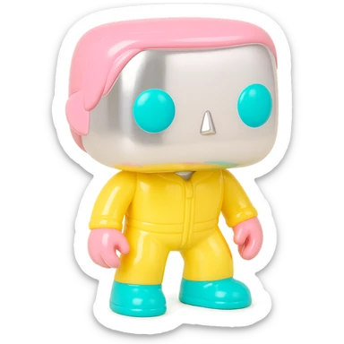 Add bright, fun, and saturated colors to the eyes, hair, and clothing of the Funko Pop figures, while keeping their skin and main finish chrome and shiny. The chrome effect should be clear and reflective, with the new colors applied only on the details to create a playful contrast. sticker