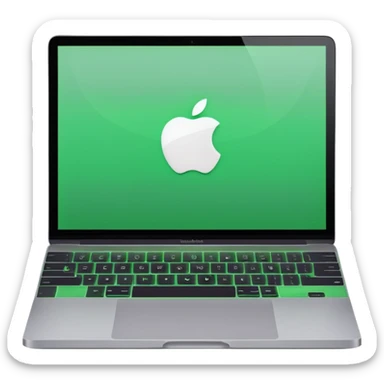 A macbook laptop front facing with its screen showing green screen. sticker