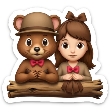 a girl beaver and a boy beaver on a log. give the girl eyelashes and a bow on top of her head sticker