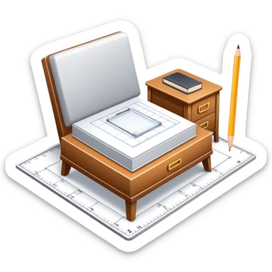 Icon for Furniture Design: a furniture drawing with 3D models of furniture pieces placed on top, accompanied by rulers and a pencil. The icon should represent the design process with focus on precision and modeling. Transparent background. sticker
