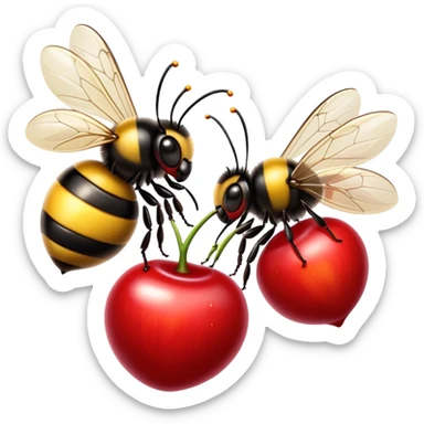 two big red cherries with one cute bumble bee sticker