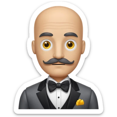 Gray robot with thick moustache, no hair, yellow eyes without pupils, wearing a tuxedo, buff sticker