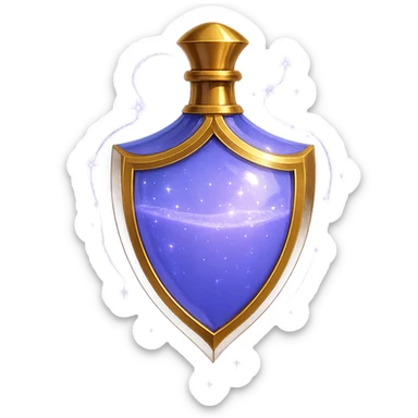 shield-shaped luxurious elixir bottle, inspired by the reference, color #7986cb, gold details, magical glowing effects, very small golden neck, seamless bottom, transparent background, floating, no base or shadow, modern, matching a collection sticker