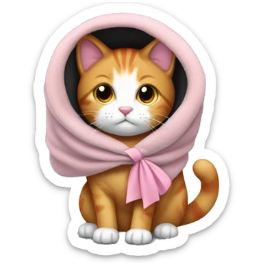 a light red cat with a white muzzle and a black collar is wrapped in a gray blanket with a pink bow on his ear sticker