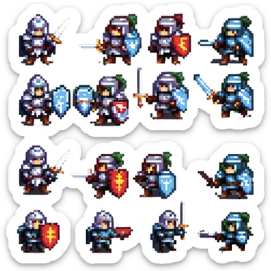 pixel art sprite sheet of a knight attacking and defending animation frames 8-bit NES style sticker