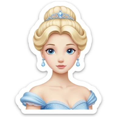 Cinematic Realistic Cinderella Portrait, depicted with lifelike porcelain skin, elegantly styled blonde hair, and a serene, graceful expression. Dressed in her classic ball gown with intricately detailed fabric textures and delicate pastel hues that catch soft, natural lighting, this portrait captures the timeless beauty of a fairy tale princess. sticker