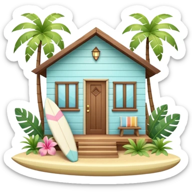 Hawaiian bungalow house, pastel colors, wooden porch, surfboard leaning on wall, palm leaves, tropical vibe, cute mobile game icon style, 3D cartoon, clean background, no text
 sticker