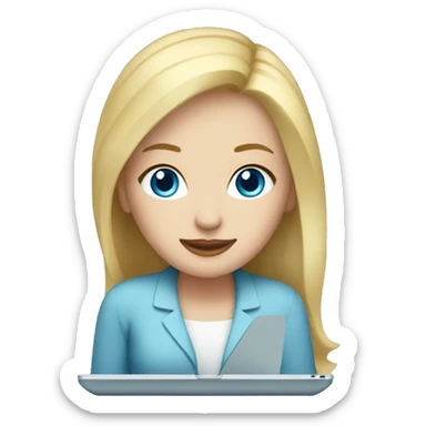 blonde pale white woman with blue eyes working on laptop sticker