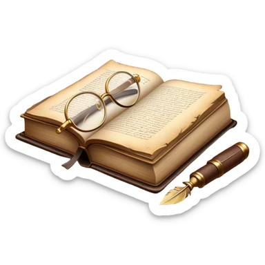 An icon featuring an open book with classic text, a feather quill, and reading glasses, symbolizing literary studies. The design includes old library shelves and vintage manuscripts in the background. Transparent background emphasizes the deep analysis of written works and literary history. sticker