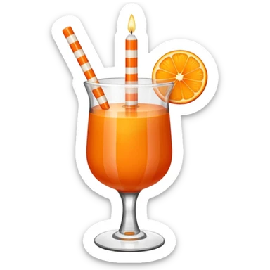 An orange fruit with a horizontal red stripe around the middle. 4 vertical cocktail sticks in the orange with small pieces of candy on the sticks. On top of the orange a small white lit candle. sticker