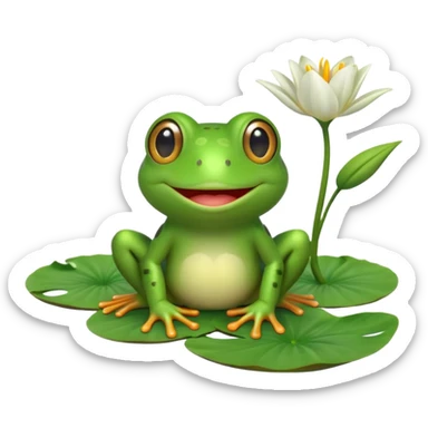 A cute 3D cartoon frog sitting on a lily pad, bright green skin, big friendly eyes, smiling face, soft natural lighting, Memoji-style rendering. sticker