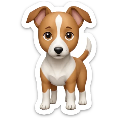 a full body white jack russel looking dog the size of a kelpie with light brown ears and a light brown patch on one eye and a large snout sticker