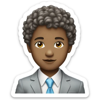 Little young  gentleman wearing a grey suit with white shirt and baby blue tie with bue grey eyes , light skin and brown curly hair  sticker