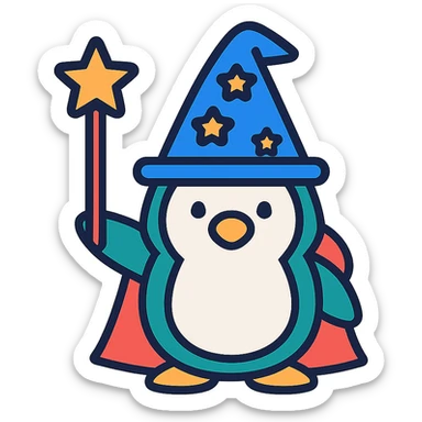 penguin wizard, colorful lineal icon with black outlines sticker