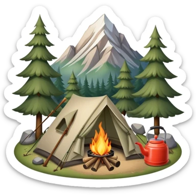 Icon for Hiking: a tent, and a kettle over a campfire, surrounded by trees and a mountain trail, a backpack, a walking stick. The icon should capture the adventure and warmth of camping. Transparent background. sticker