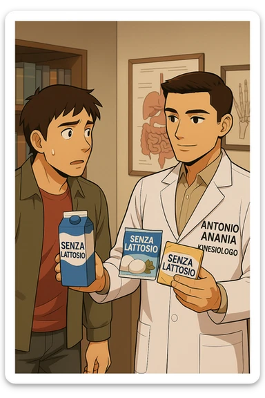 fai un webtoon manga a colori con questo stile, in cui un uomo ASCOLTA Il kinesiologo con il camice bianco (fagli anche la scritta "ANTONIO ANANIA" SUL CAMICE, IL KINESIOLOGO SPIEGA ALL'UOMO UNA MOSTRANDO VARI PRODOTTI DA SUPERMERCATO CONFEZIONATI (TIPO SCATOLA DI LATTE, MOZZARELLE CONFEZIONATE, FORMAGGIO CONFEZIONATO), OGNI CONFEZIONE HA LA SCRITTA "SENZA LATTOSIO SULL'ETICHETTA. L'UOMO OSSERVA IL KINESIOLOGO CON ESPRESSIONE CONFUSA IN VOLTO. non fare i fumetti però, fai solo in modo che sembri stiano parlando sticker