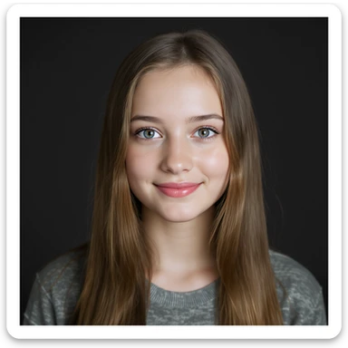realistic portrait of a girl with long straight brunette hair and blue eyes, soft focus, gentle smile, neutral background sticker