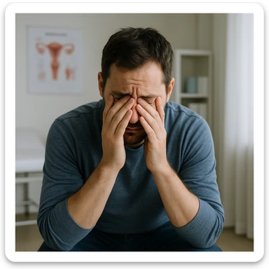 realistic image of a desperate man, looking sad and frustrated because he cannot have children, sitting alone in a medical or home setting, respectful and sensitive tone, no explicit details sticker