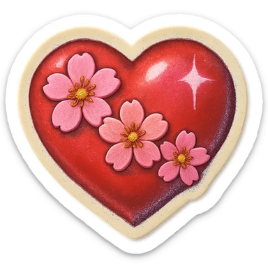 heart with sakura flowers and pink shimmer, retro stickers style sticker
