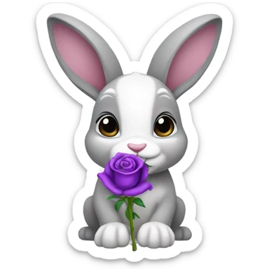 Gray and white bunny holding a purple rose sticker