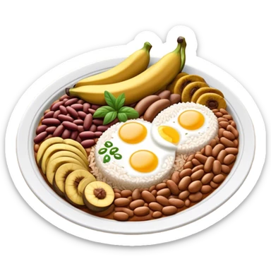 Cinematic Realistic Bandeja Paisa Dish Emoji, depicted as a hearty platter featuring beans, rice, meat, and plantains rendered with detailed textures and vibrant, robust lighting. sticker