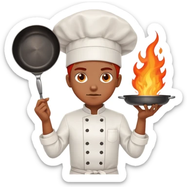 determined chef with fiery eyes, holding two crossed cooking pans defensively across chest sticker