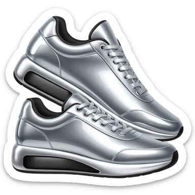 A pair of futuristic sneakers emoji made of silver chrome, sleek streetwear design, smooth metallic panels, subtle reflections, luxury swag aesthetic, iOS emoji style, centered, clean white background sticker