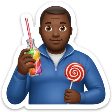 Big black man hold a bottle and a lollipop sticker