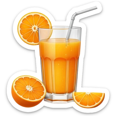 A glas of orange juice. Without a straw. With a slice of orange next to it on the bottom sticker