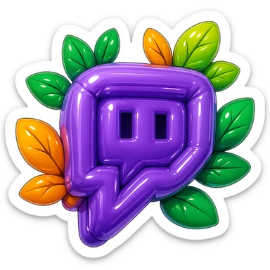 Chunky, smooth, and glossy Twitch logo, cartoon style, bold outline, strong shadows, bright highlights, decorated with colorful leaves, no background. Extra attention to contours and shine, in the style of the reference image, but even more rounded. sticker