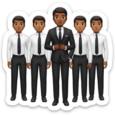 A full-body digital illustration of a Black man wearing a well-fitted dark suit, white dress shirt, and a black tie. He has short, neatly groomed hair and a confident yet approachable expression. Multiple versions of this man are standing side by side in a row, each in a different pose. sticker